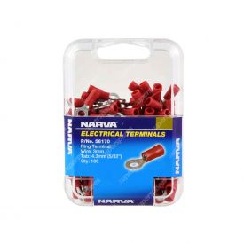Narva 100pcs 4.3mm Red Ring Terminal with flared vinyl & insulated - 56170